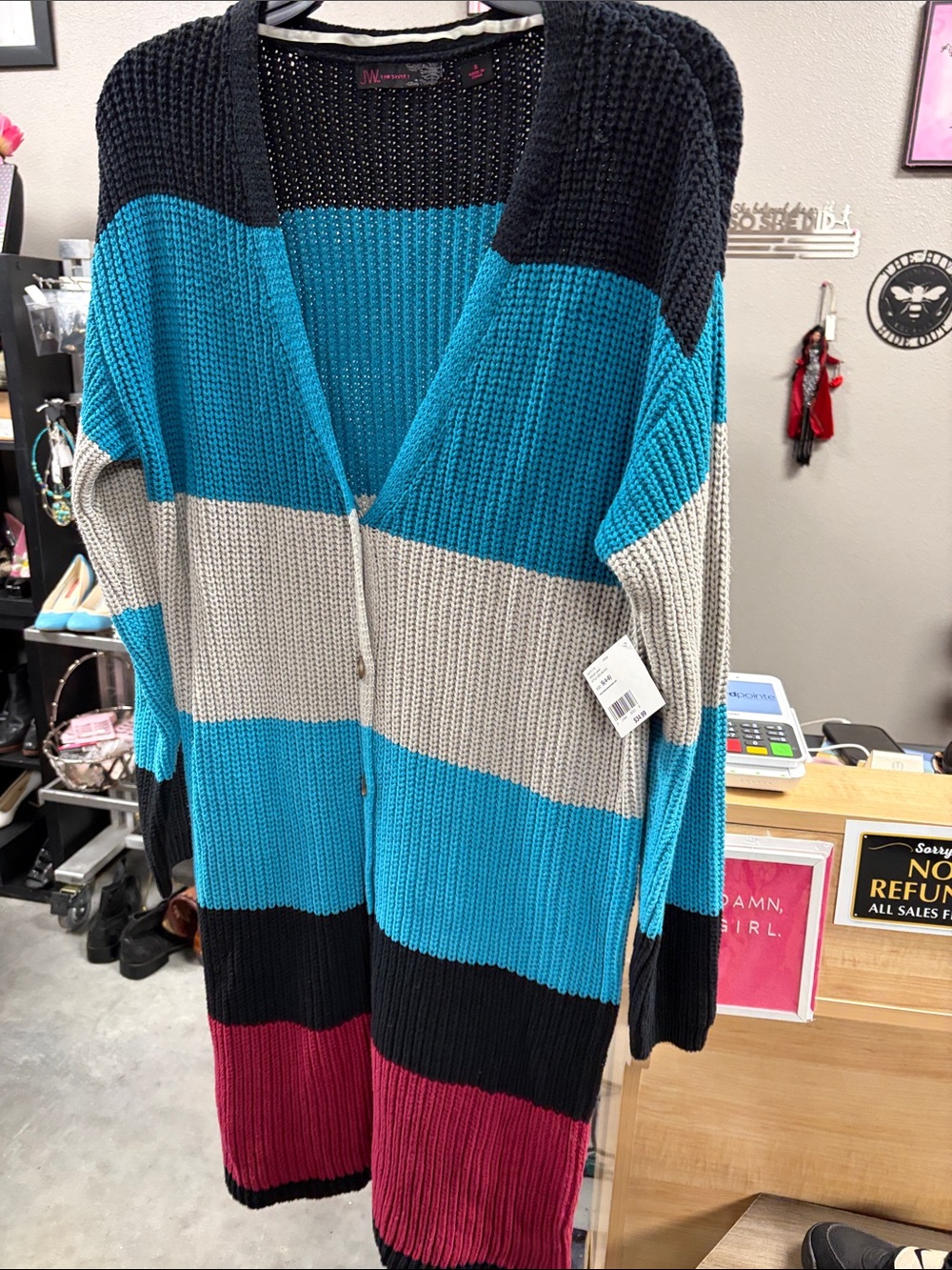 Colorblock Long Knit Cardigan - Teal, Gray, Black & Berry BTKUYB